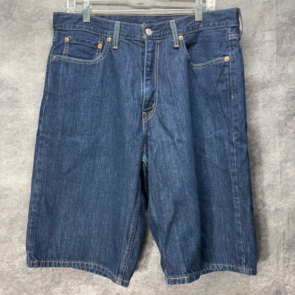 Levi's 469 Jean Shorts Jorts Mens 33 Blue Dark Wash Denim Loose 5-Pocket Baggy - Picture 1 of 12